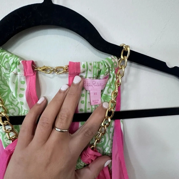 Lilly Pulitzer Blouse Pink Green Riviera Silk Chain Halter Neck Tank Top Size XS - Picture 7 of 11
